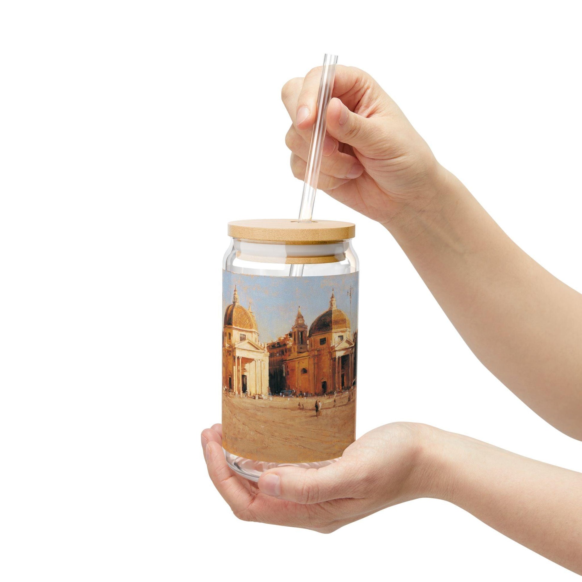 Piazza del Popolo | Italian Landscape - Artistic 16oz Sipper Glass with Straw - Explore Iconic Architecture - Andy Thomas Designs