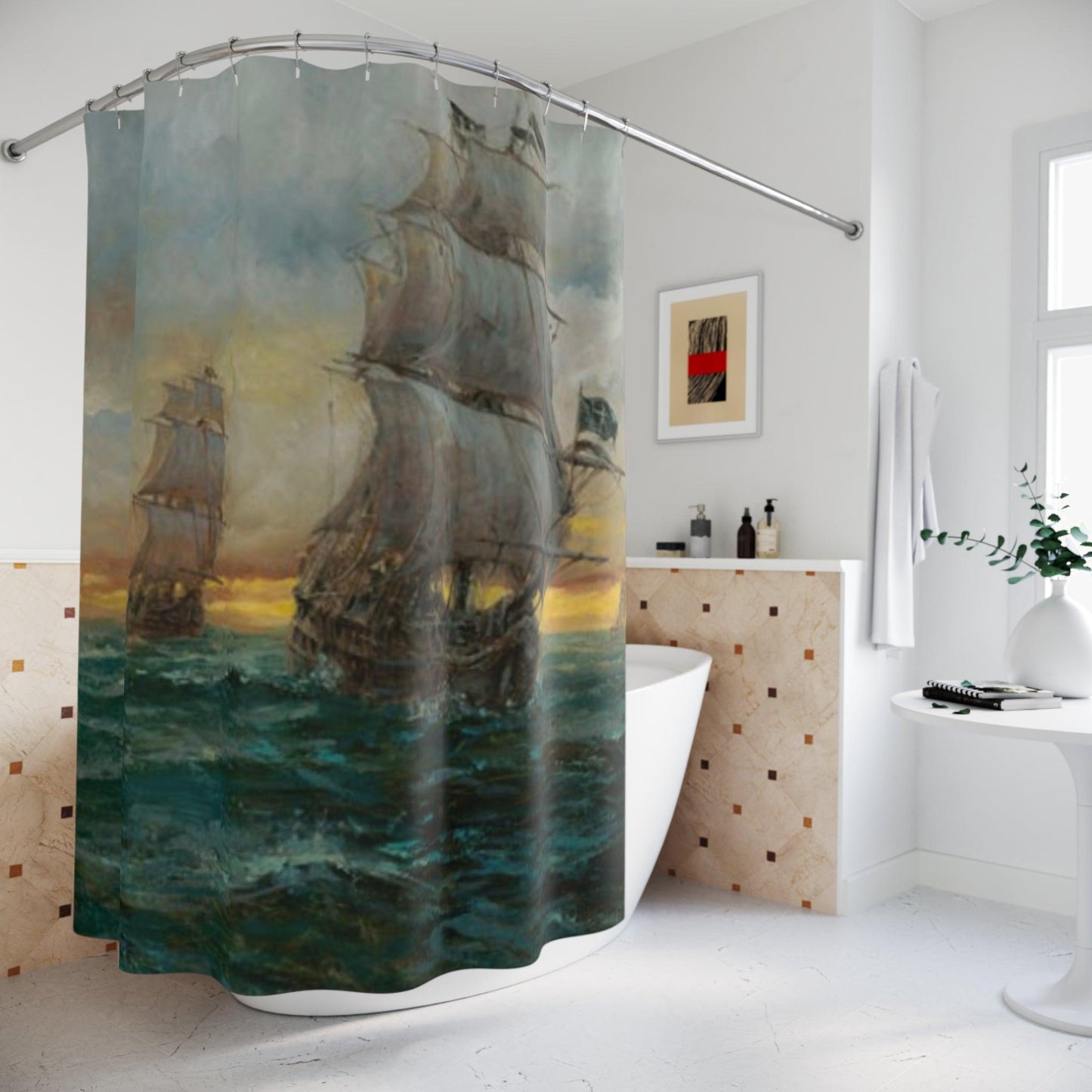 Black Bart's Fleet | Pirate's Sailing Ship Shower Curtain - Maritime Bathroom Decor - Andy Thomas Designs