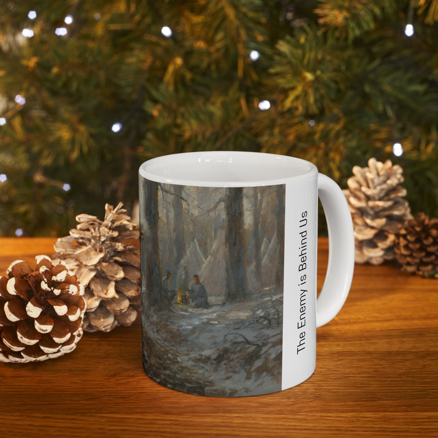 The Enemy is Behind Us - Ceramic Mug with Pea Ridge Civil War Design.