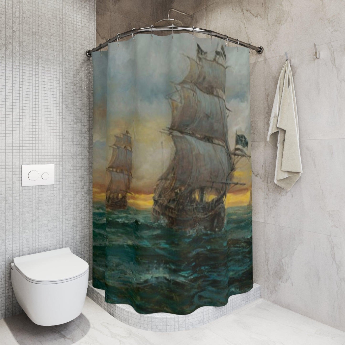 Black Bart's Fleet | Pirate's Sailing Ship Shower Curtain - Maritime Bathroom Decor - Andy Thomas Designs