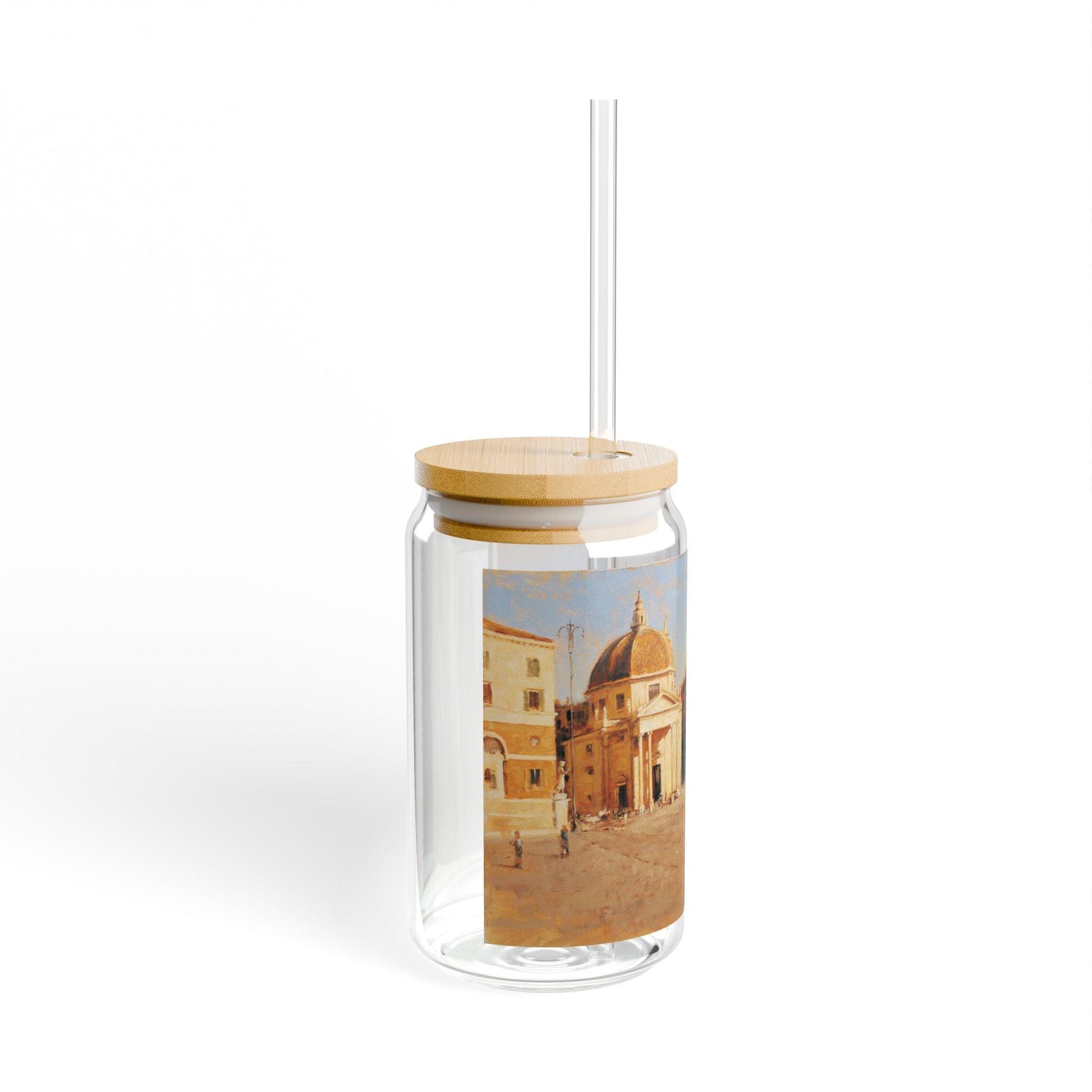 Piazza del Popolo | Italian Landscape - Artistic 16oz Sipper Glass with Straw - Explore Iconic Architecture - Andy Thomas Designs