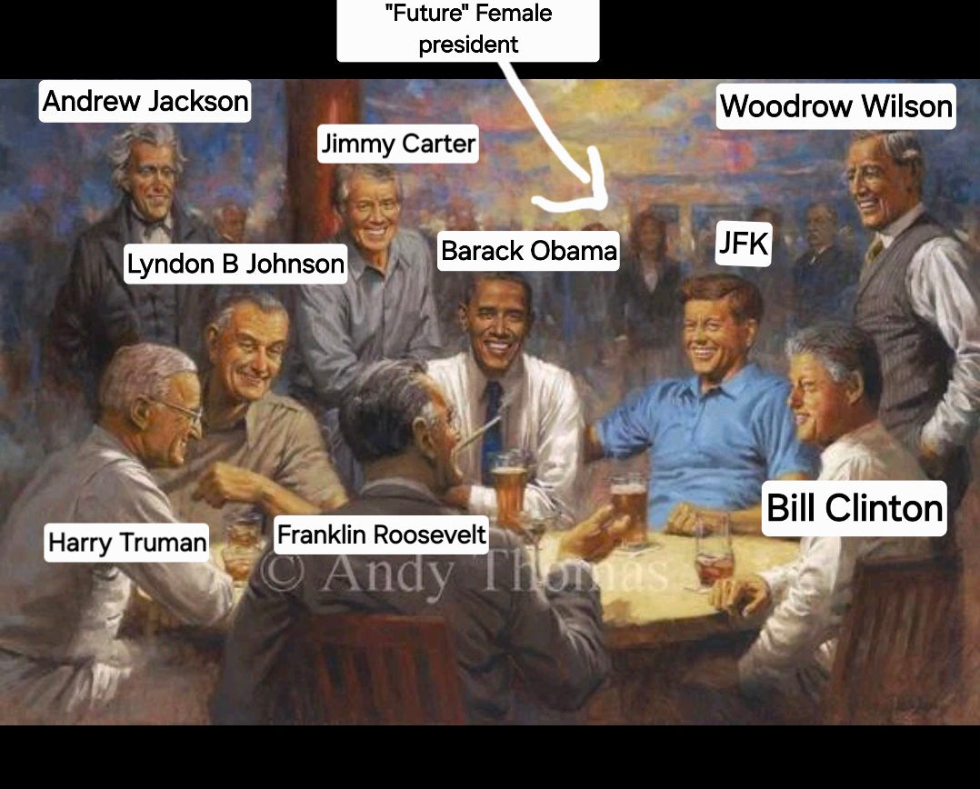 The Democratic Club by Andy Thomas features a labeled version of the U.S Presidents including Barack Obama with their favorite beverages in a club scene. A Future Female president approaches in the distance.