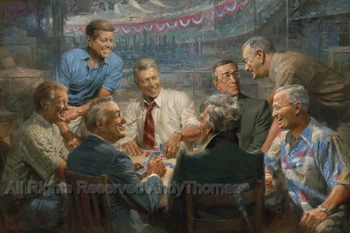 True Blues by Andy Thomas | U.S. Democratic Presidents Playing Poker including Jimmy Carter, F. Roosevelt, Jackson, Truman, Lyndon B. Johnson, Woodrow Wilson, President Clinton, and John F. Kennedy.
