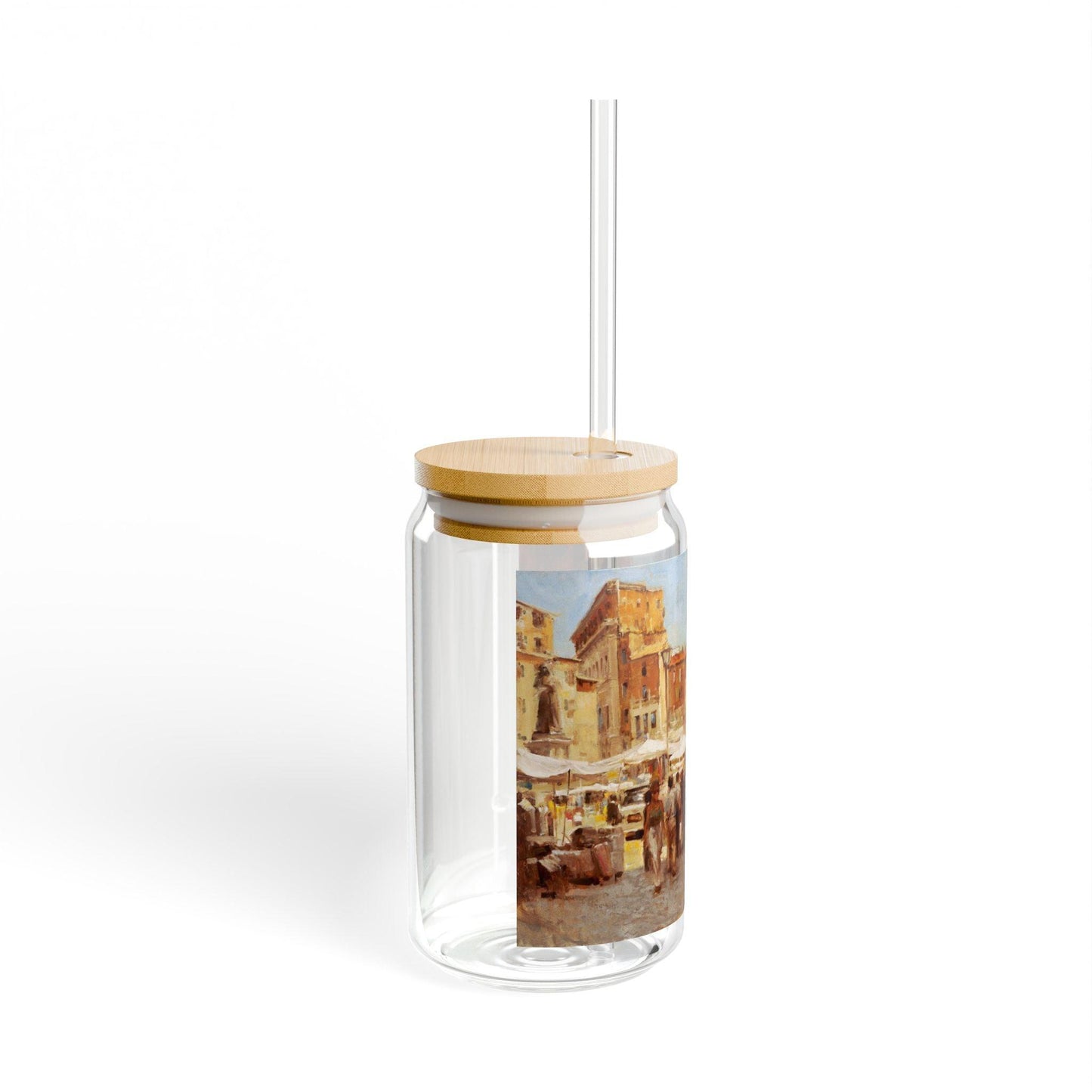 Tuscan Markets in the Middle | Italian Landscape-Themed 16oz Sipper Glass with Bamboo Lid - Andy Thomas Designs