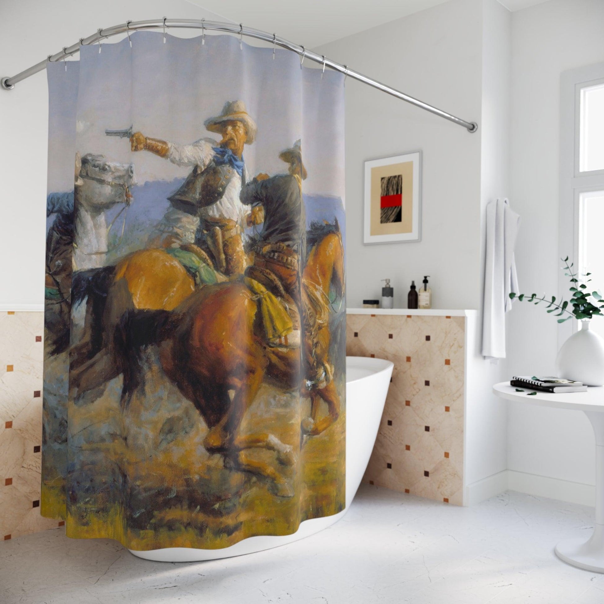 Cowboy Shootout Shower Curtain - Cowboys and Horses Design for Bathroom Decor - Andy Thomas Designs