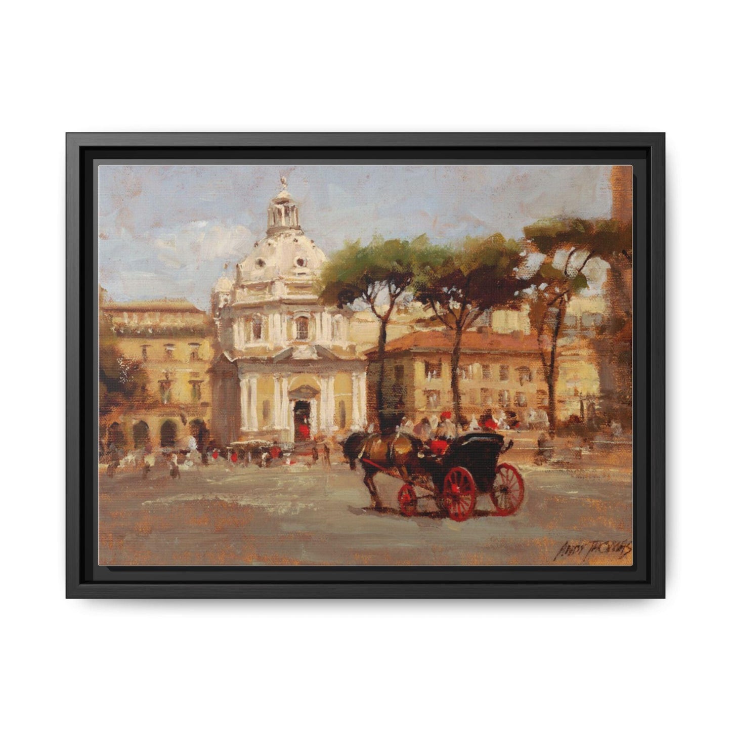 Buggy Ride at Piazza del Popolo - Framed Matte Canvas Art - Historic Italian Landmark Artwork - Andy Thomas Designs