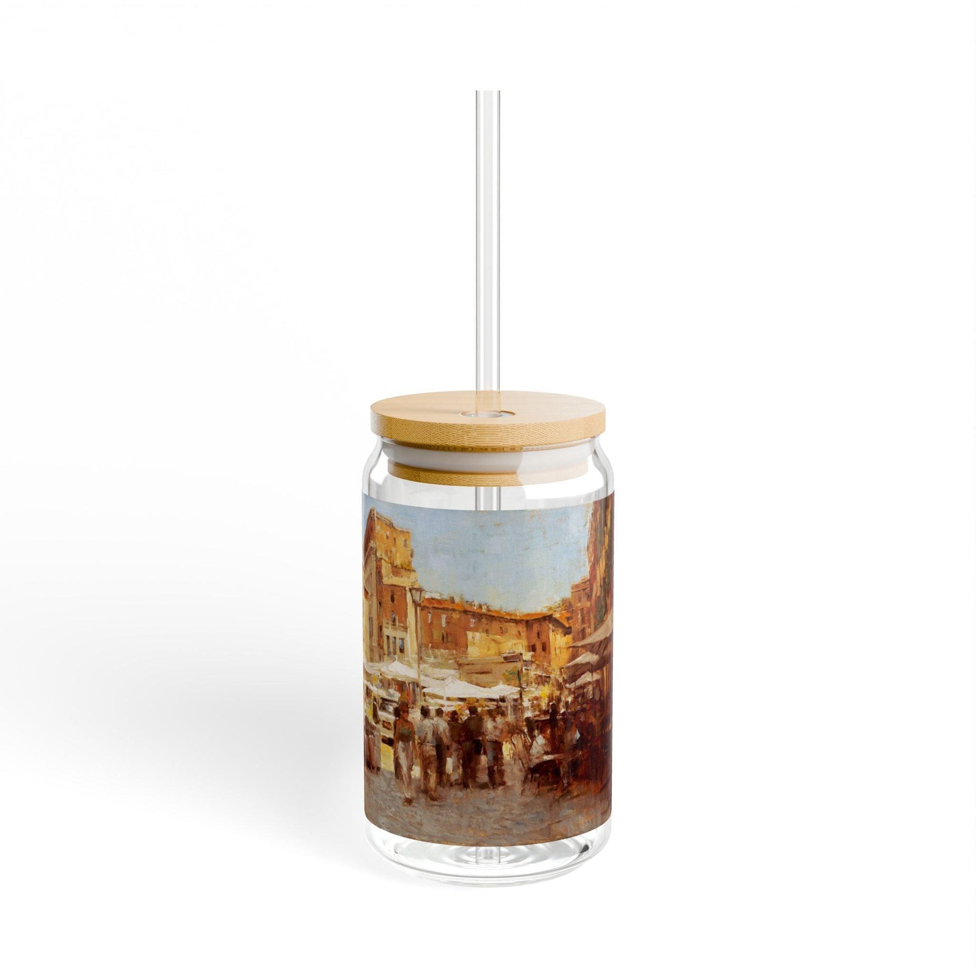 Tuscan Markets in the Middle | Italian Landscape-Themed 16oz Sipper Glass with Bamboo Lid - Andy Thomas Designs