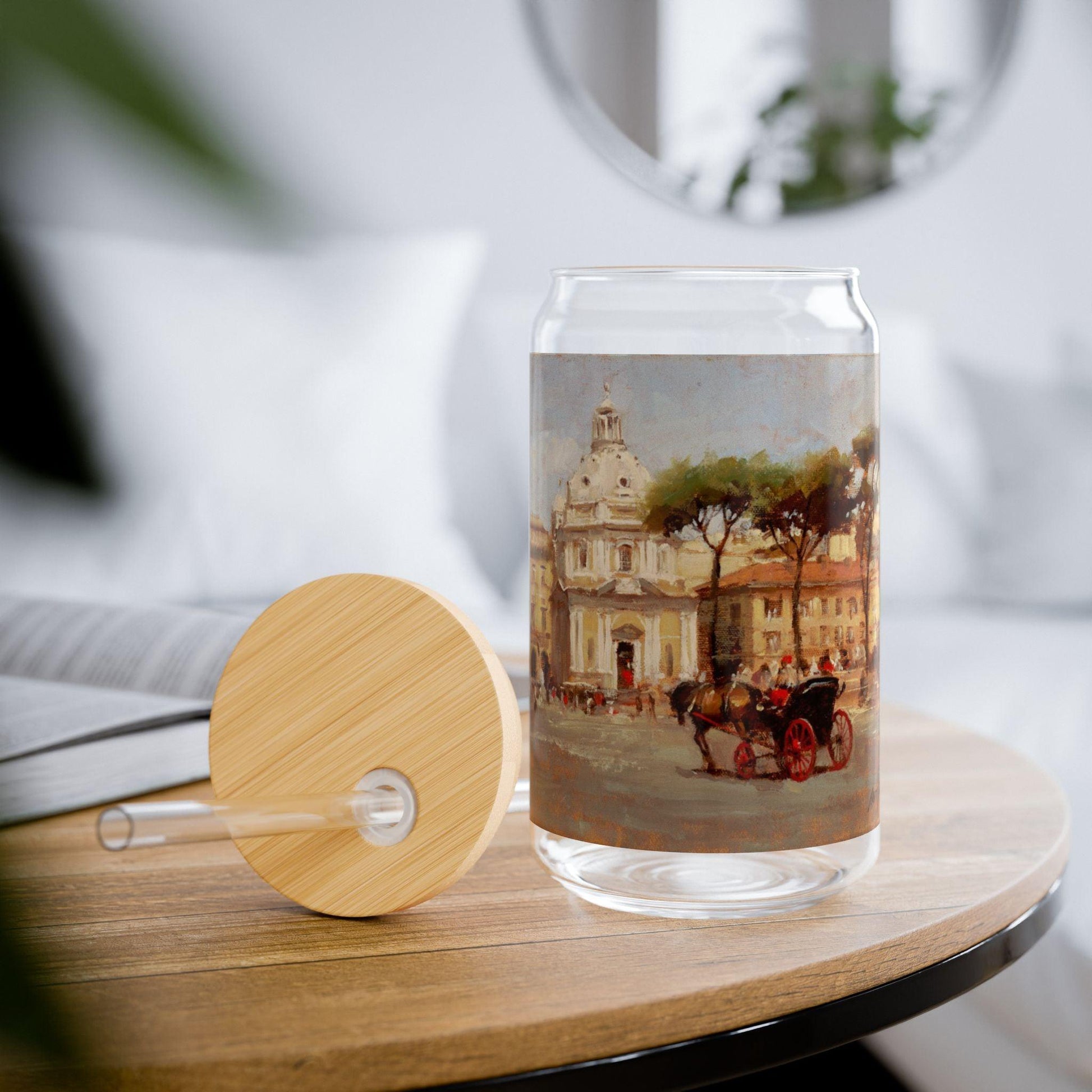 Buggy Ride at Piazza del Popolo | Italian Landscape-Themed 16oz Sipper Glass with Bamboo Lid - Andy Thomas Designs