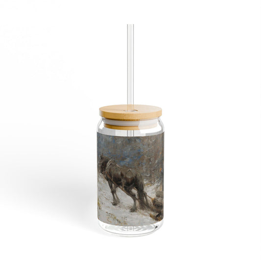 Winter's Work| Working Horse Pulling Logs Artistic 16oz Sipper Glass with Eco-Friendly Bamboo Lid - Andy Thomas Designs