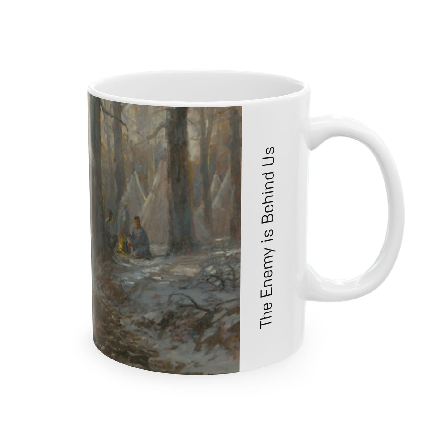 The Enemy is Behind Us - Ceramic Mug with Pea Ridge Civil War Design.