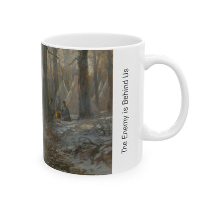 The Enemy is Behind Us - Ceramic Mug with Pea Ridge Civil War Design.