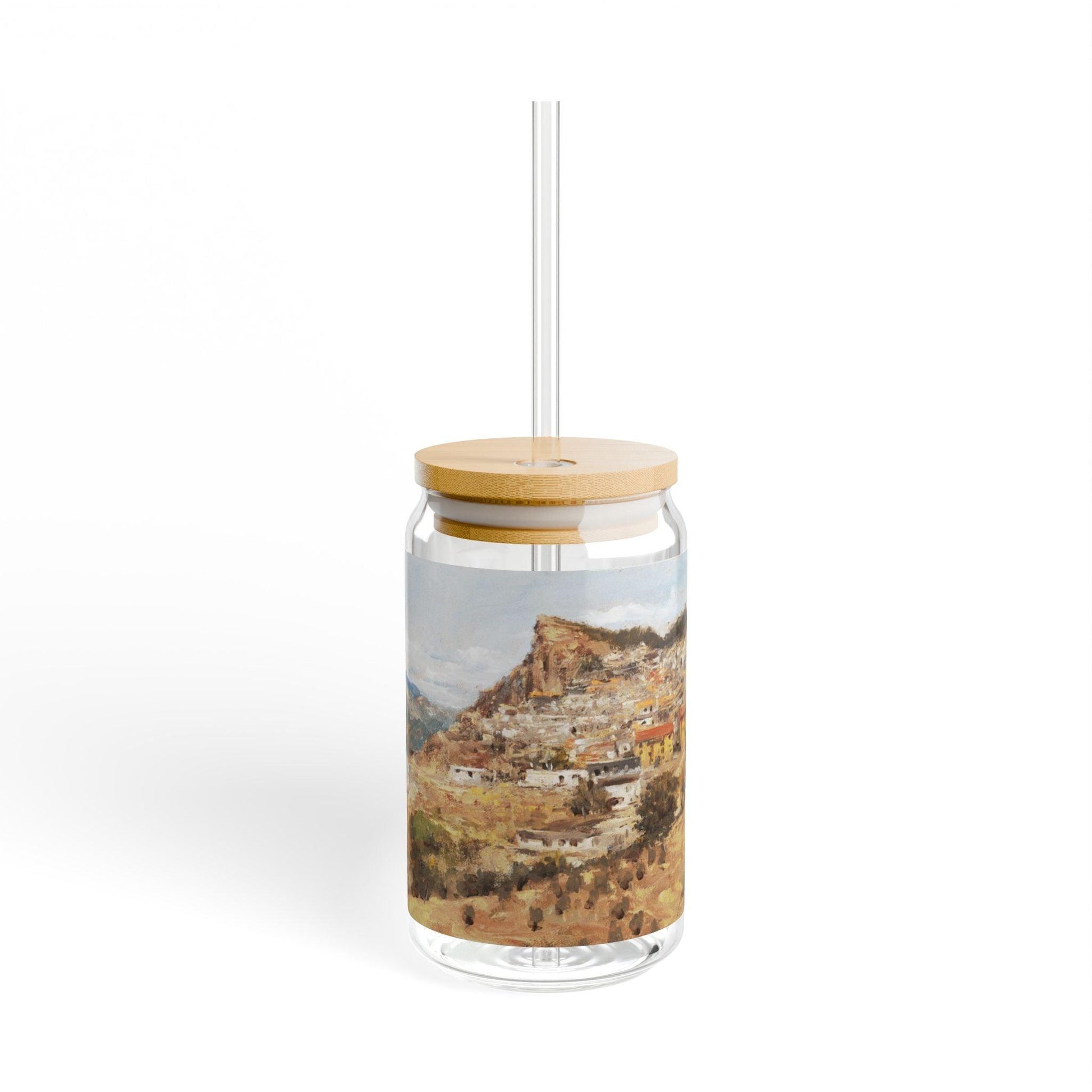 San Nicola dell'Alto | Italian Landscape Sipper Glass, 16oz - Eco-Friendly Drinking with Bamboo Lid - Andy Thomas Designs