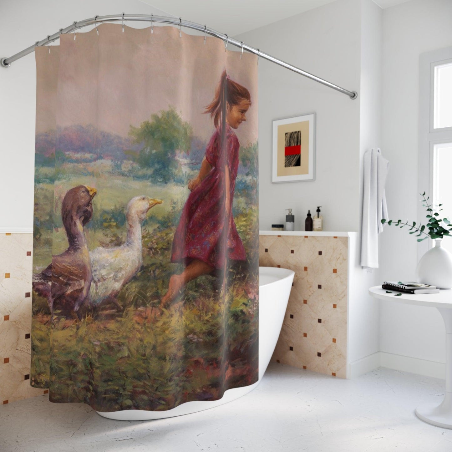 Goose Girl Shower Curtain - Little Girl with animals Design for Bathroom Decor - Andy Thomas Designs