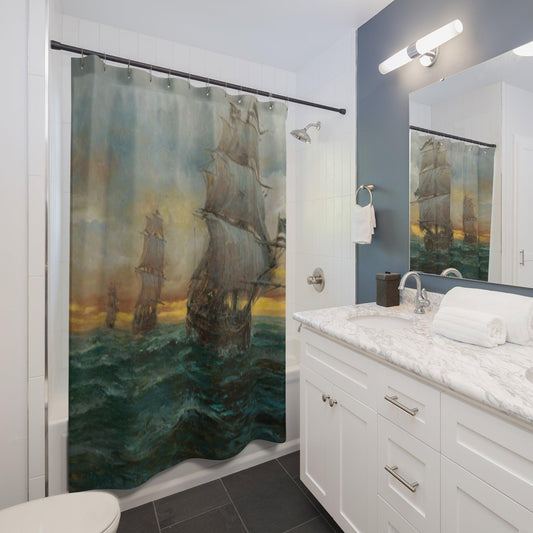 Black Bart's Fleet | Pirate's Sailing Ship Shower Curtain - Maritime Bathroom Decor - Andy Thomas Designs