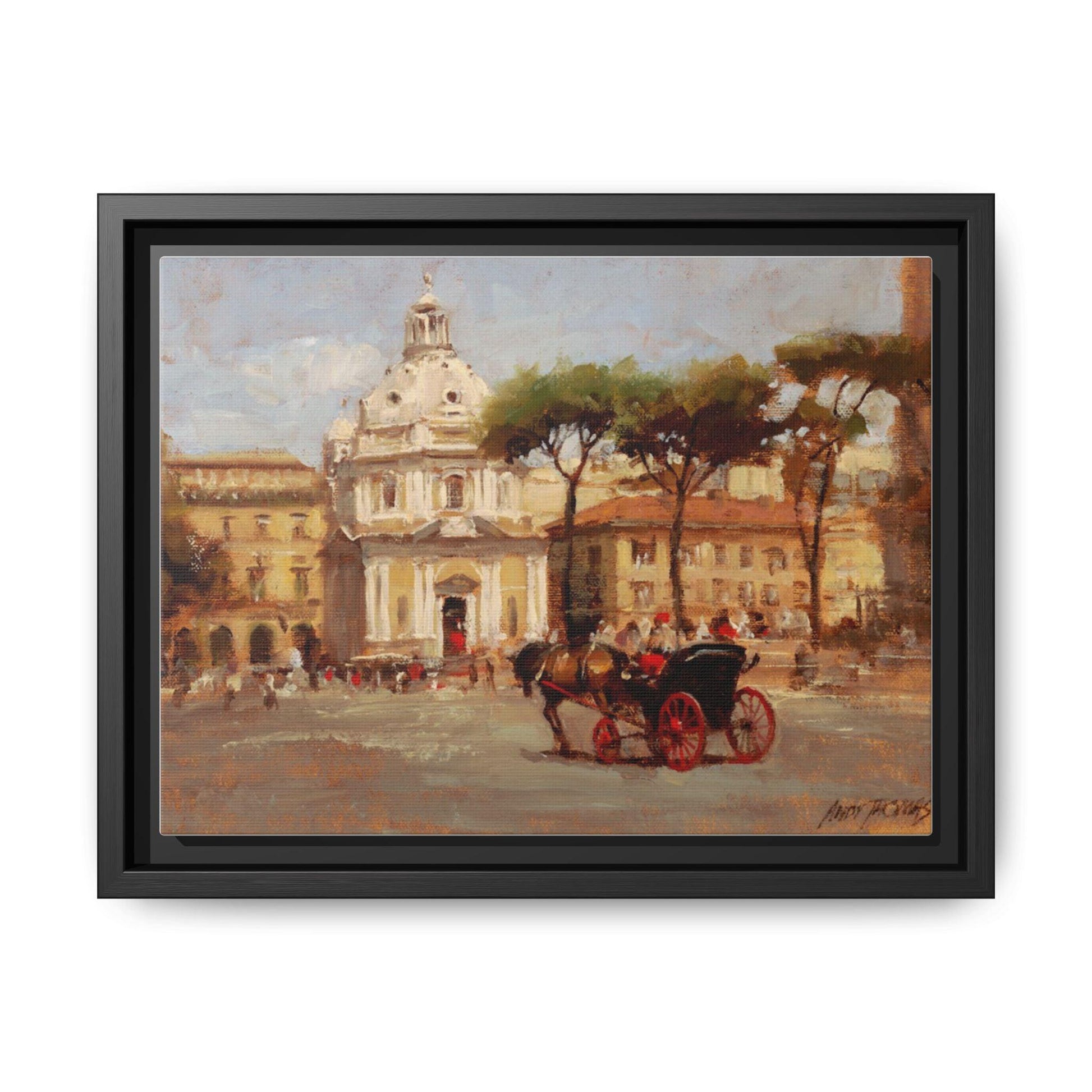 Buggy Ride at Piazza del Popolo - Framed Matte Canvas Art - Historic Italian Landmark Artwork - Andy Thomas Designs