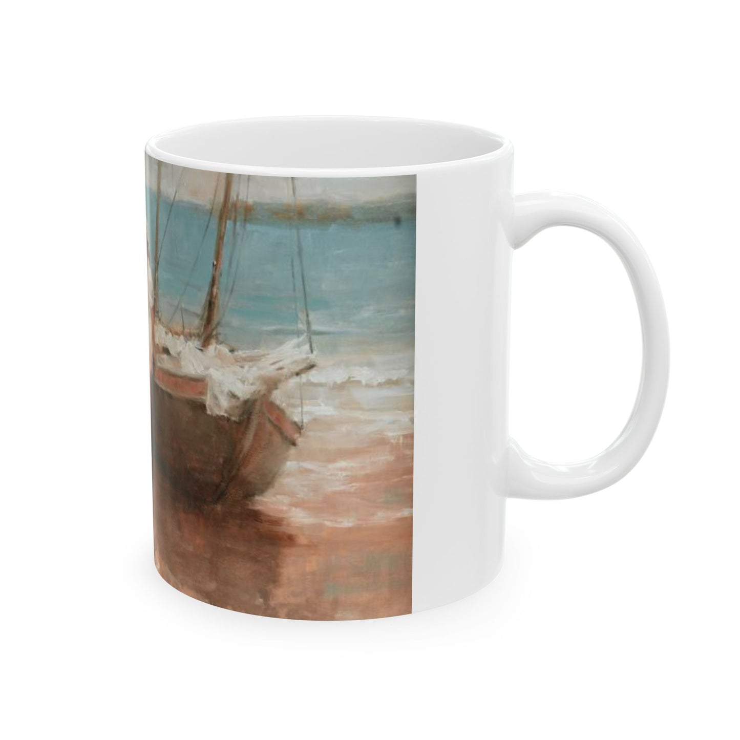 Meeting at the Shore | Maritime | Sailboat | Beach | Ceramic Mug — Coffee Cup (11oz/15oz)