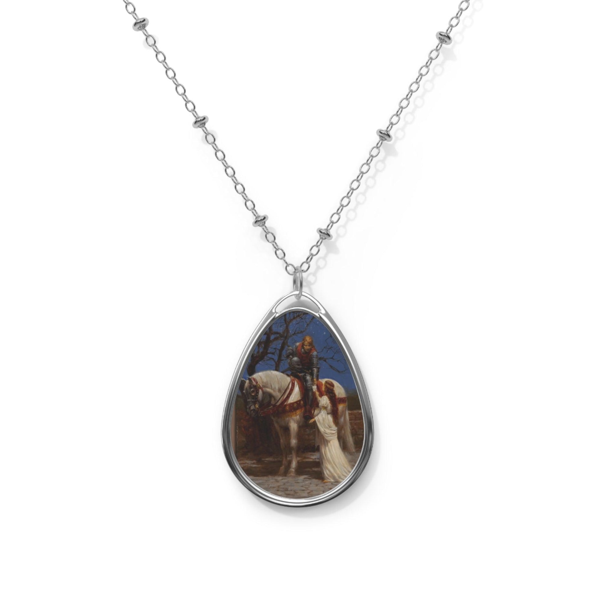 A Knight & His Lady - Elegant Oval Necklace for Romantics - Medieval times knight in love - Andy Thomas Designs