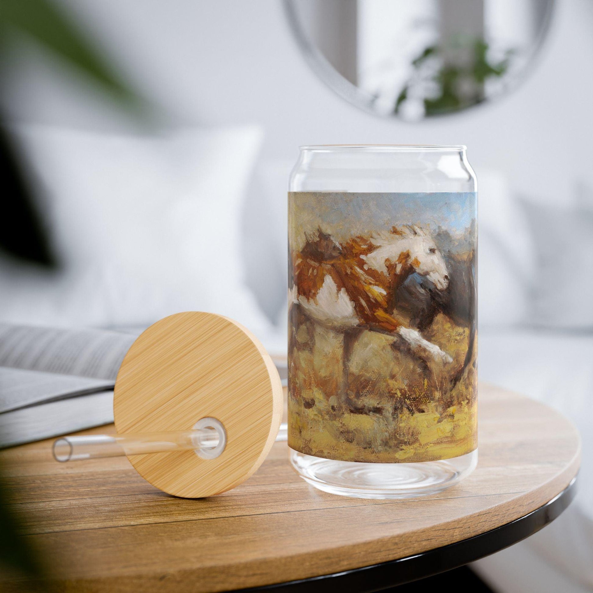 Freedom | Horse-Themed 16oz Sipper Glass with Bamboo Lid - Nature Lover's Drinkware - Andy Thomas Designs