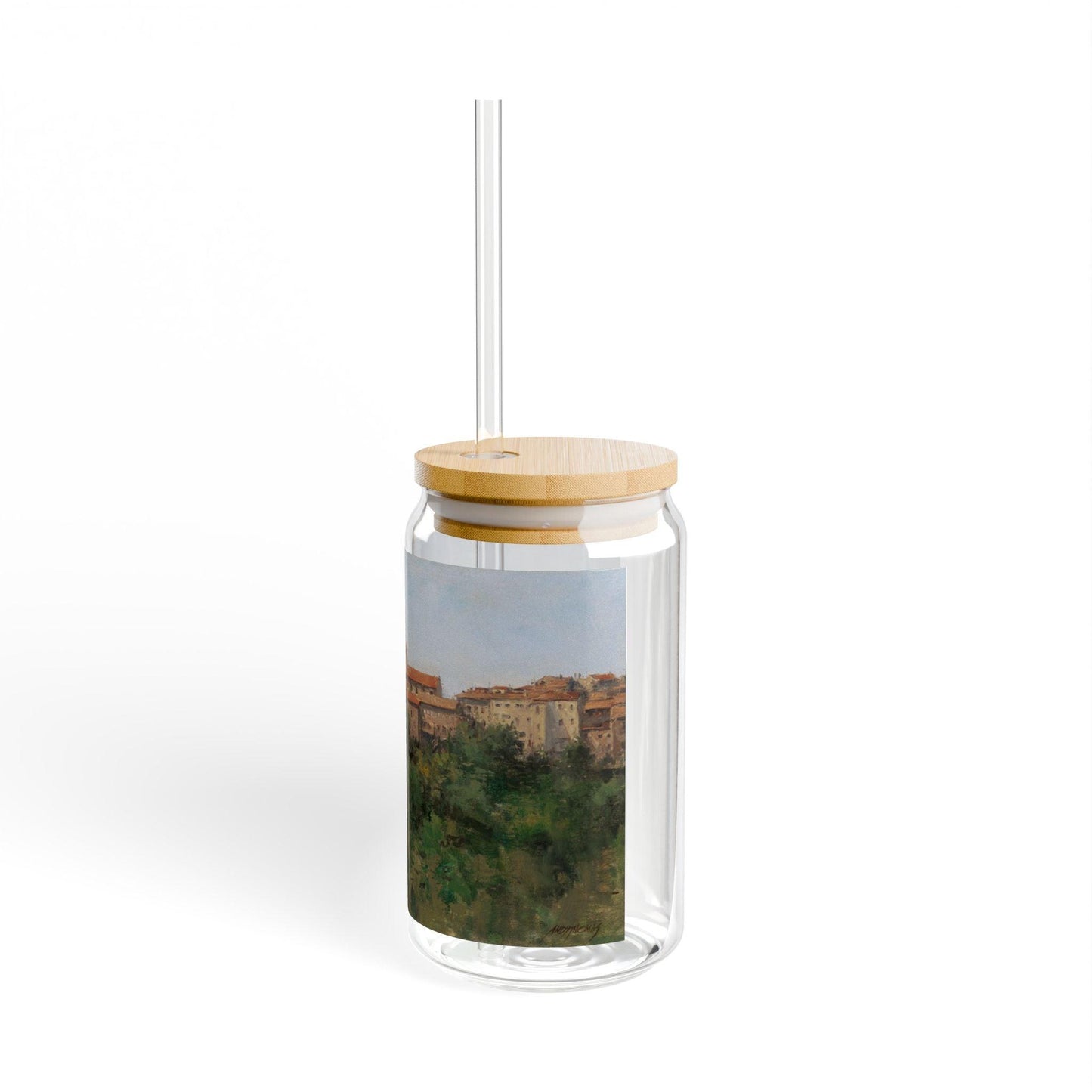 Hilltown Scansano | Italian Landscape Sipper Glass, 16oz - Eco-Friendly Drinking with Bamboo Lid - Andy Thomas Designs