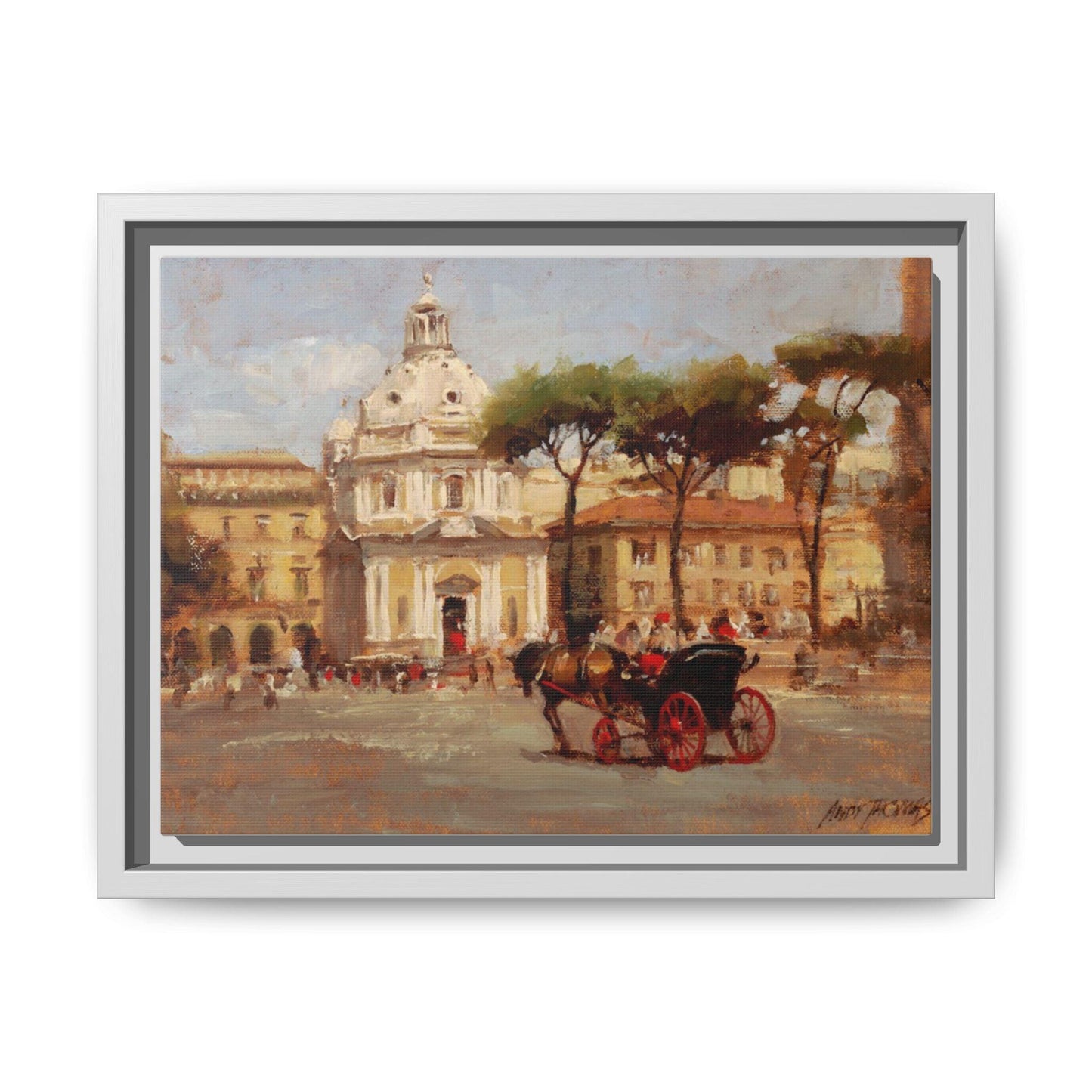 Buggy Ride at Piazza del Popolo - Framed Matte Canvas Art - Historic Italian Landmark Artwork - Andy Thomas Designs