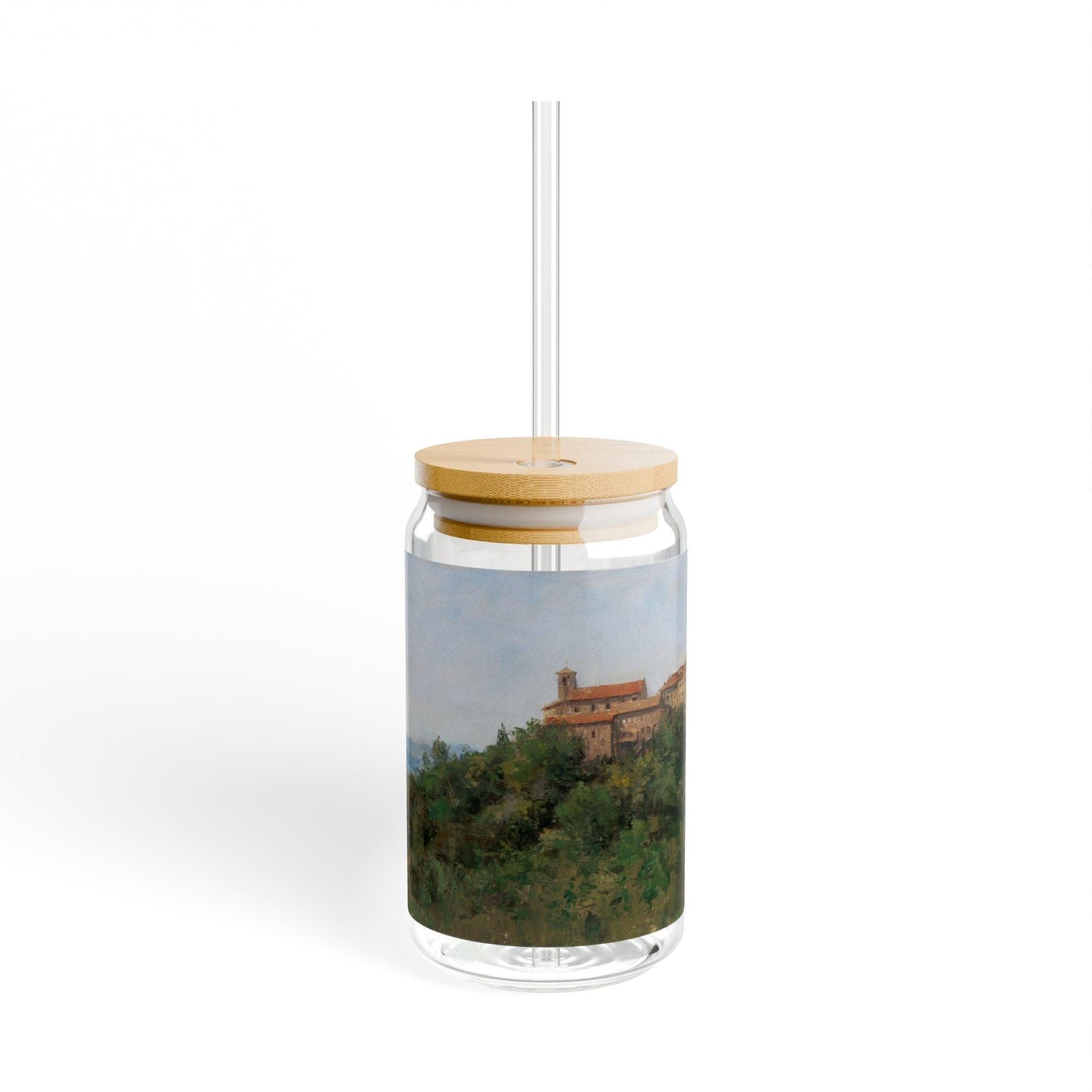 Hilltown Scansano | Italian Landscape Sipper Glass, 16oz - Eco-Friendly Drinking with Bamboo Lid - Andy Thomas Designs