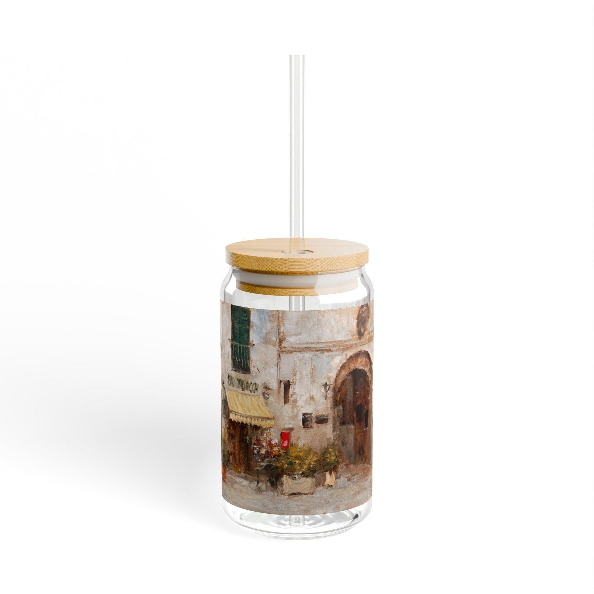 Scansano Tabacchi | Italian Landscape Sipper Glass, 16oz - Eco-Friendly Drinking with Bamboo Lid - Andy Thomas Designs