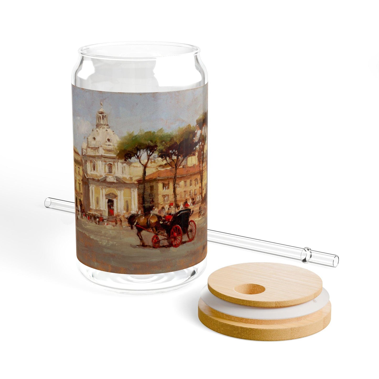 Buggy Ride at Piazza del Popolo | Italian Landscape-Themed 16oz Sipper Glass with Bamboo Lid - Andy Thomas Designs