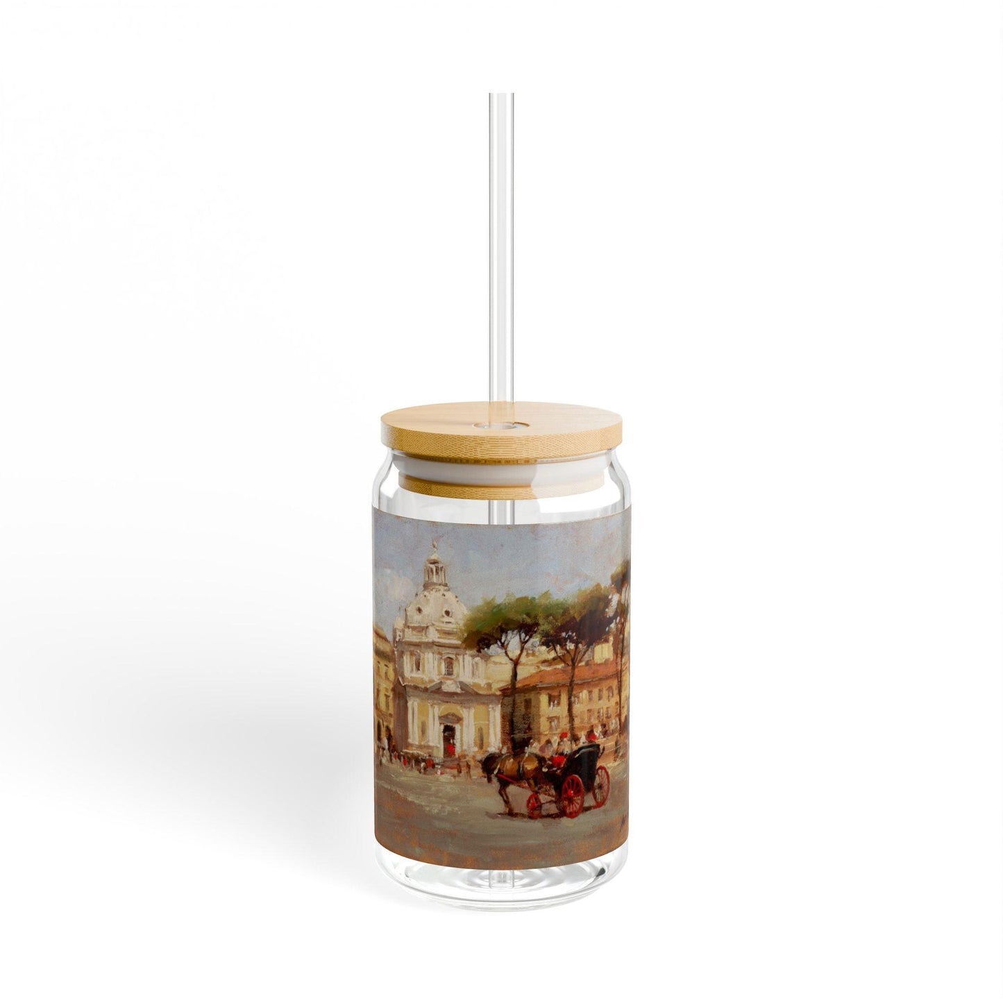 Buggy Ride at Piazza del Popolo | Italian Landscape-Themed 16oz Sipper Glass with Bamboo Lid - Andy Thomas Designs