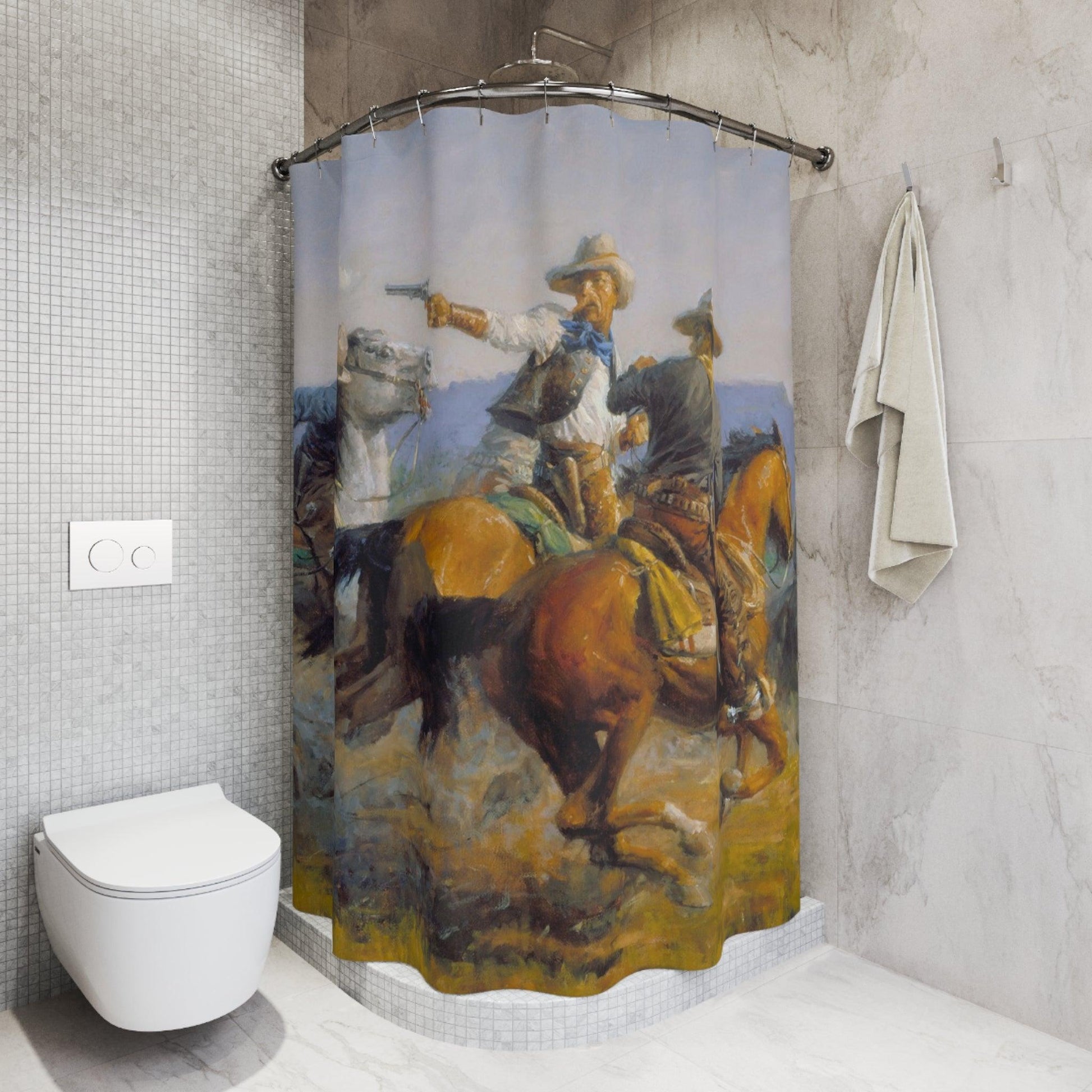 Cowboy Shootout Shower Curtain - Cowboys and Horses Design for Bathroom Decor - Andy Thomas Designs