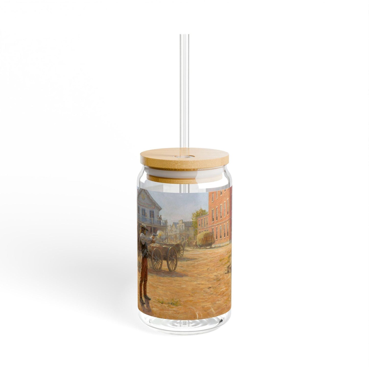 Wild Bill Hickok vs Dave Tutt | Artistic 16oz Sipper Glass with Eco-Friendly Bamboo Lid - Andy Thomas Designs