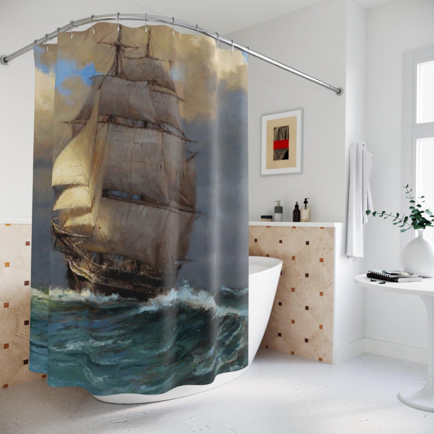 Sailboat | Nautical themed Shower Curtain - Vintage Sailboat Art Design for Bathroom Decor - Andy Thomas Designs