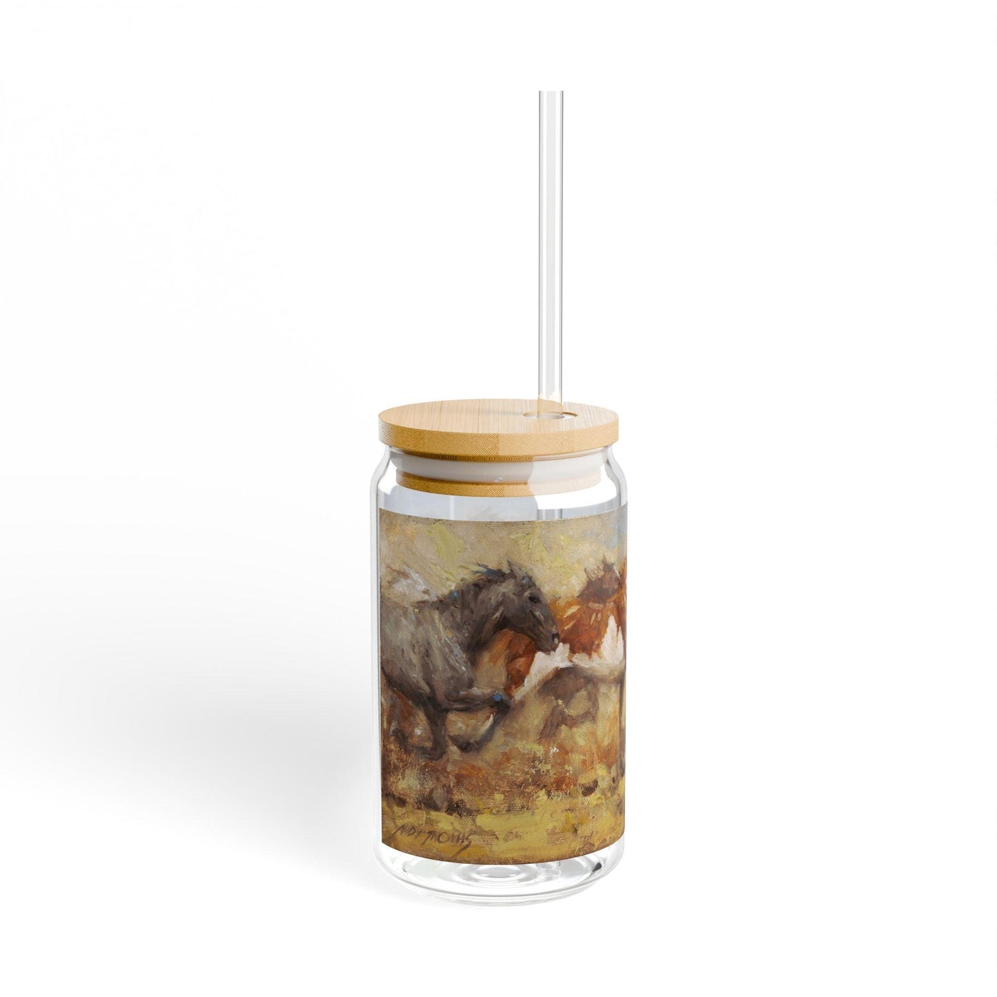 Freedom | Wild Horses Artistic 16oz Sipper Glass with Eco-Friendly Bamboo Lid - Andy Thomas Designs