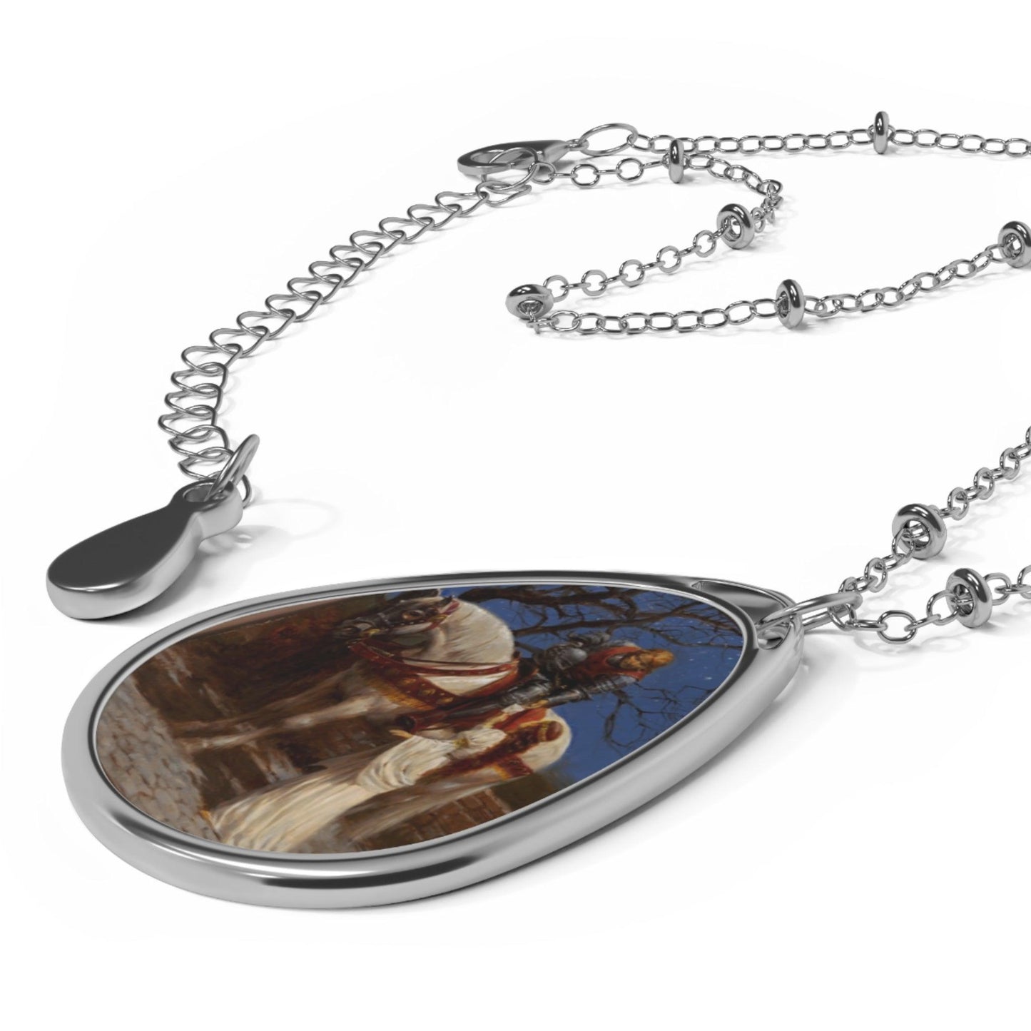 A Knight & His Lady - Elegant Oval Necklace for Romantics - Medieval times knight in love - Andy Thomas Designs