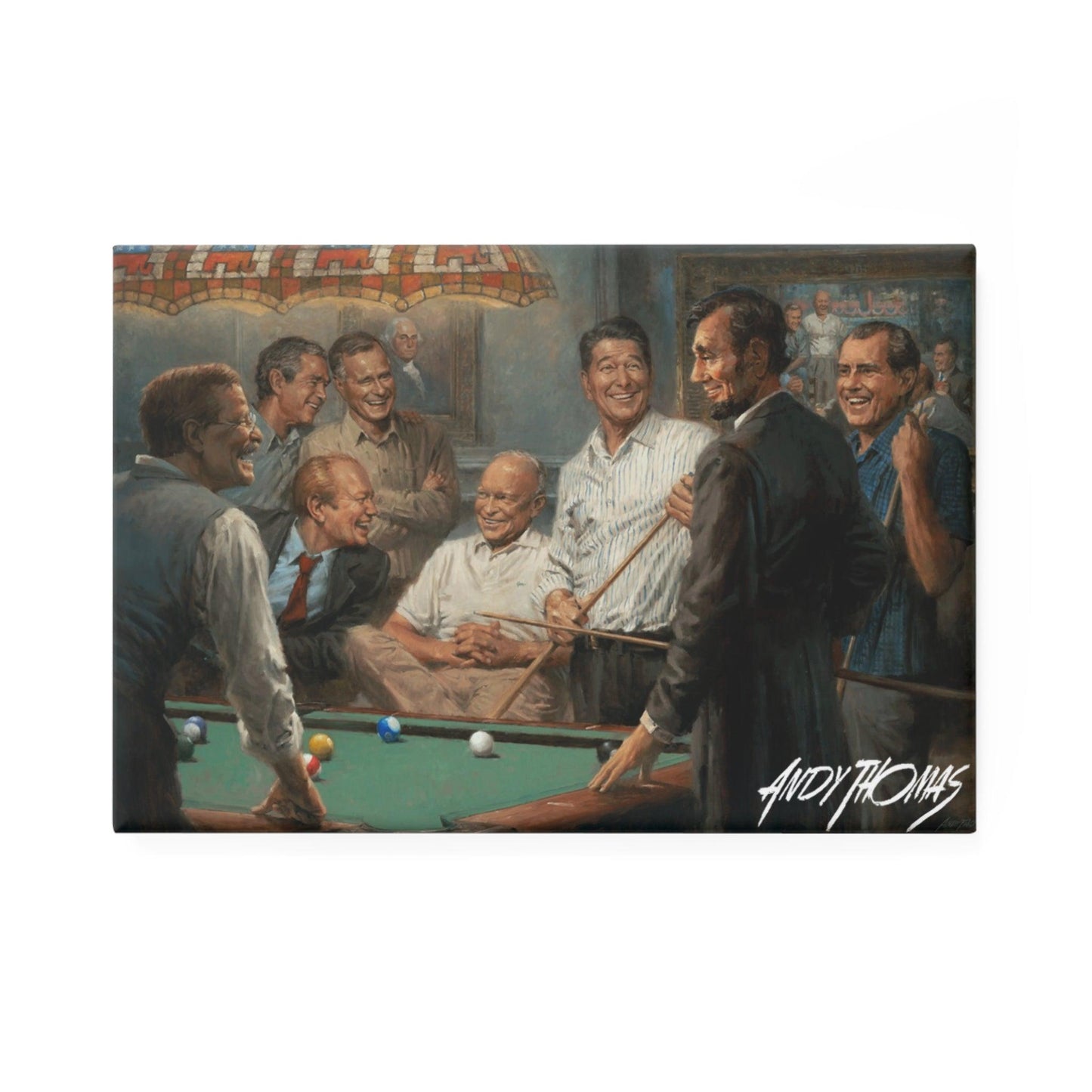 Callin' the Blue Button Magnet - Political Collectible - US Presidents Playing Pool Art - Andy Thomas Designs