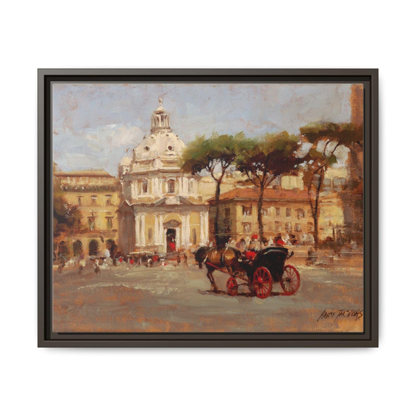 Buggy Ride at Piazza del Popolo - Framed Matte Canvas Art - Historic Italian Landmark Artwork - Andy Thomas Designs