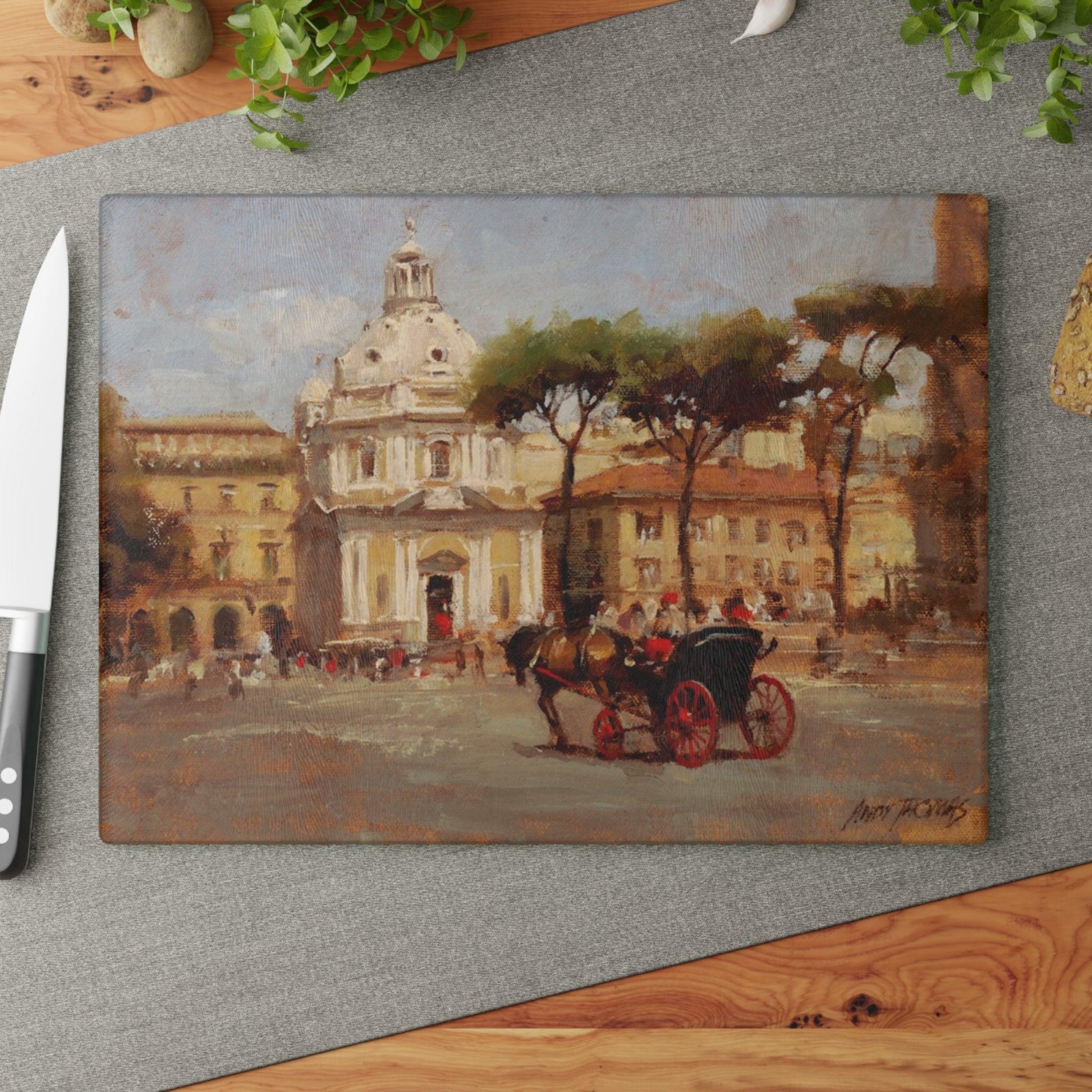 Buggy Ride at Piazza del Popolo - Glass Cutting Board | Italian Landscape - Perfect for Cooking and Décor - Andy Thomas Designs