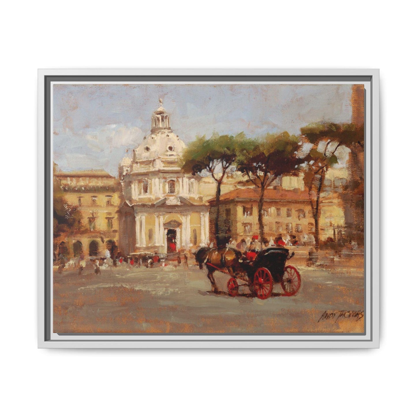 Buggy Ride at Piazza del Popolo - Framed Matte Canvas Art - Historic Italian Landmark Artwork - Andy Thomas Designs