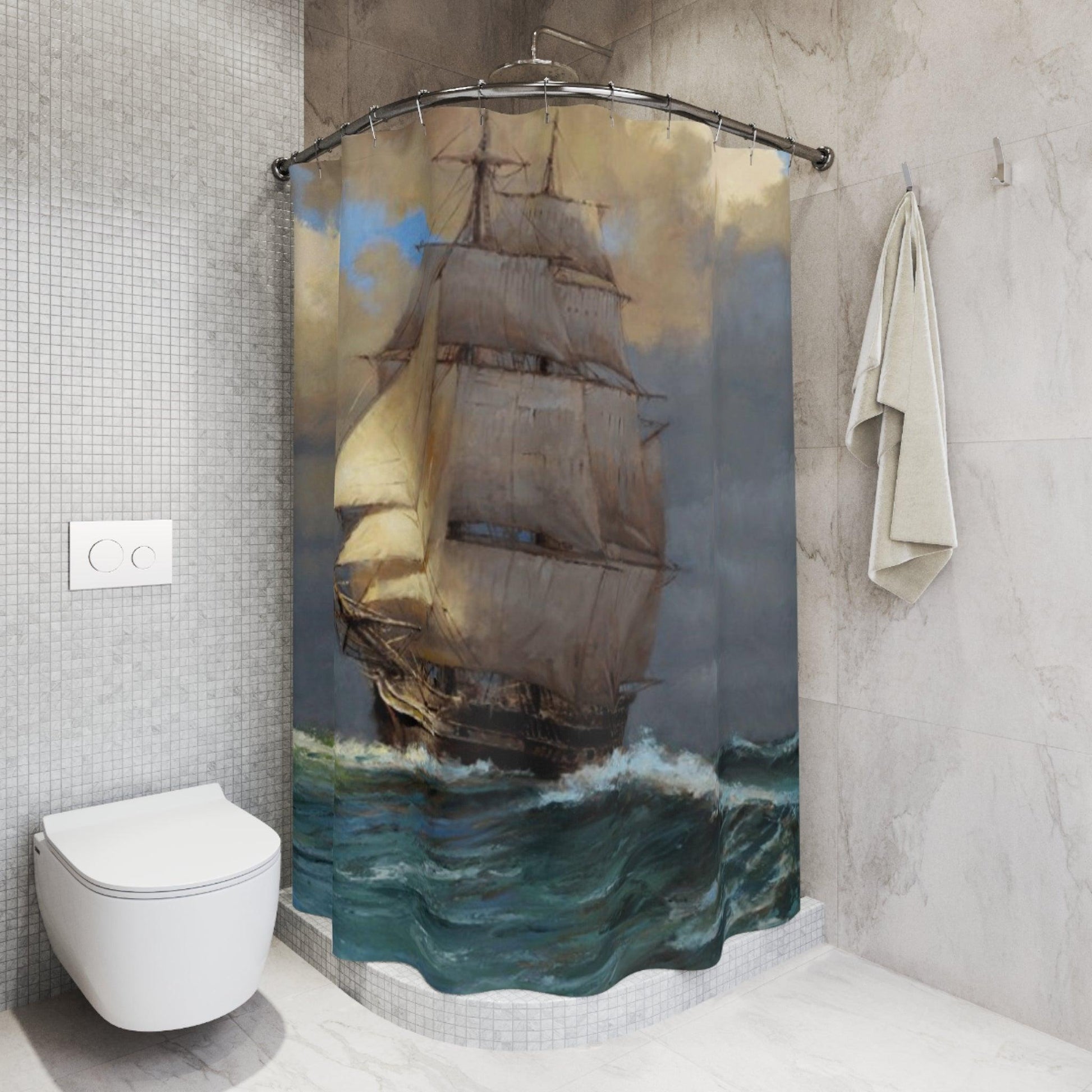 Sailboat | Nautical themed Shower Curtain - Vintage Sailboat Art Design for Bathroom Decor - Andy Thomas Designs