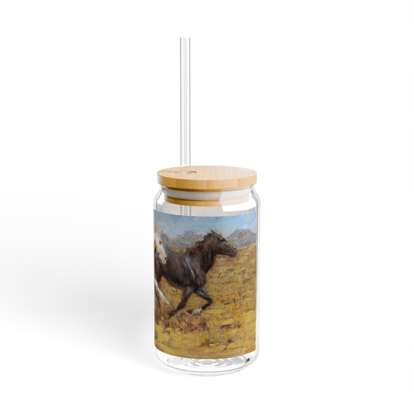 Freedom | Wild Horses Artistic 16oz Sipper Glass with Eco-Friendly Bamboo Lid - Andy Thomas Designs