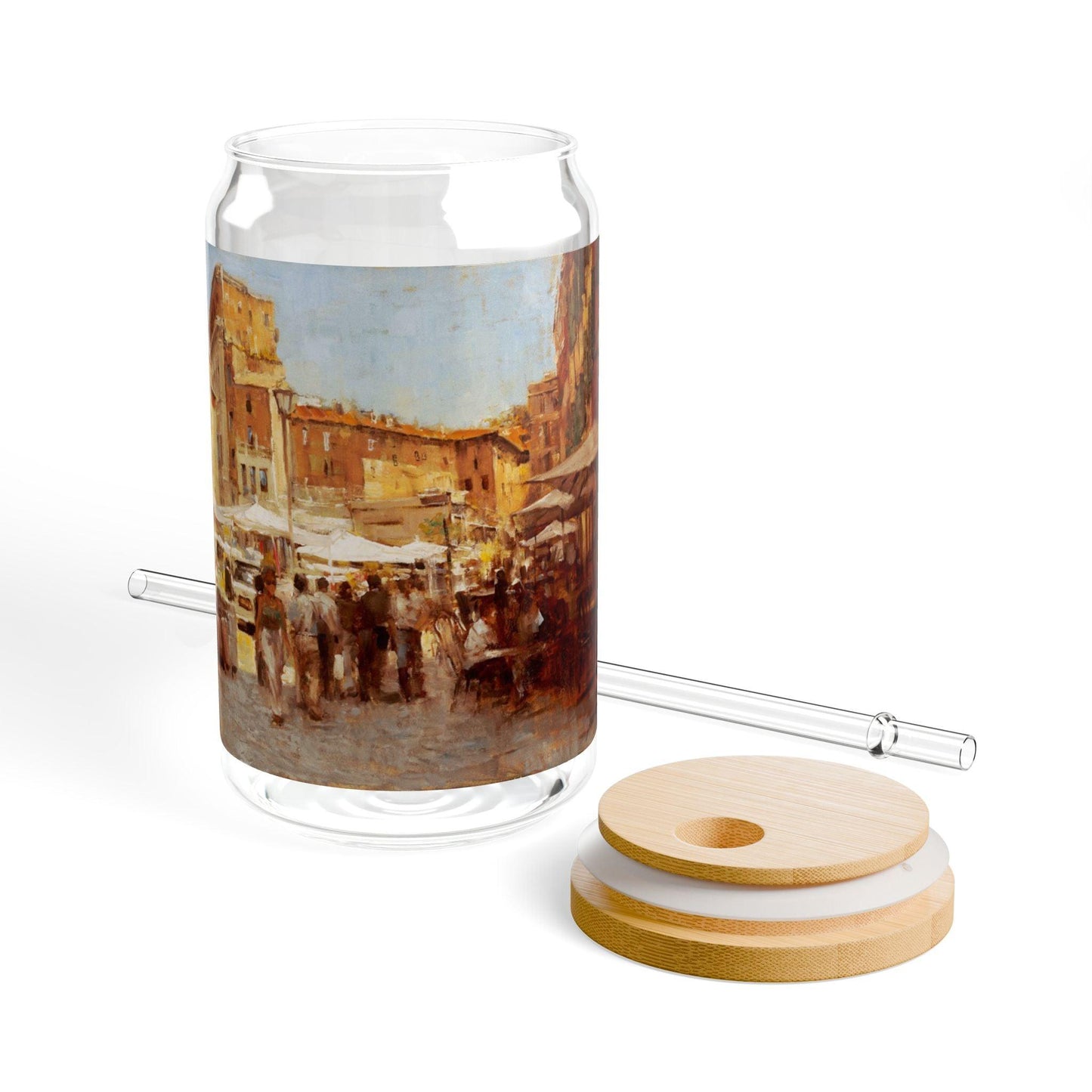 Tuscan Markets in the Middle | Italian Landscape-Themed 16oz Sipper Glass with Bamboo Lid - Andy Thomas Designs