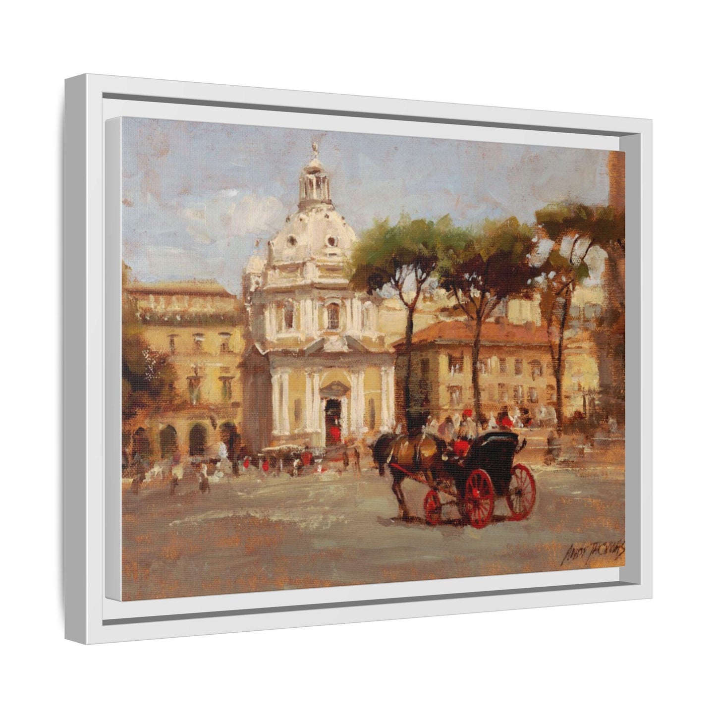 Buggy Ride at Piazza del Popolo - Framed Matte Canvas Art - Historic Italian Landmark Artwork - Andy Thomas Designs