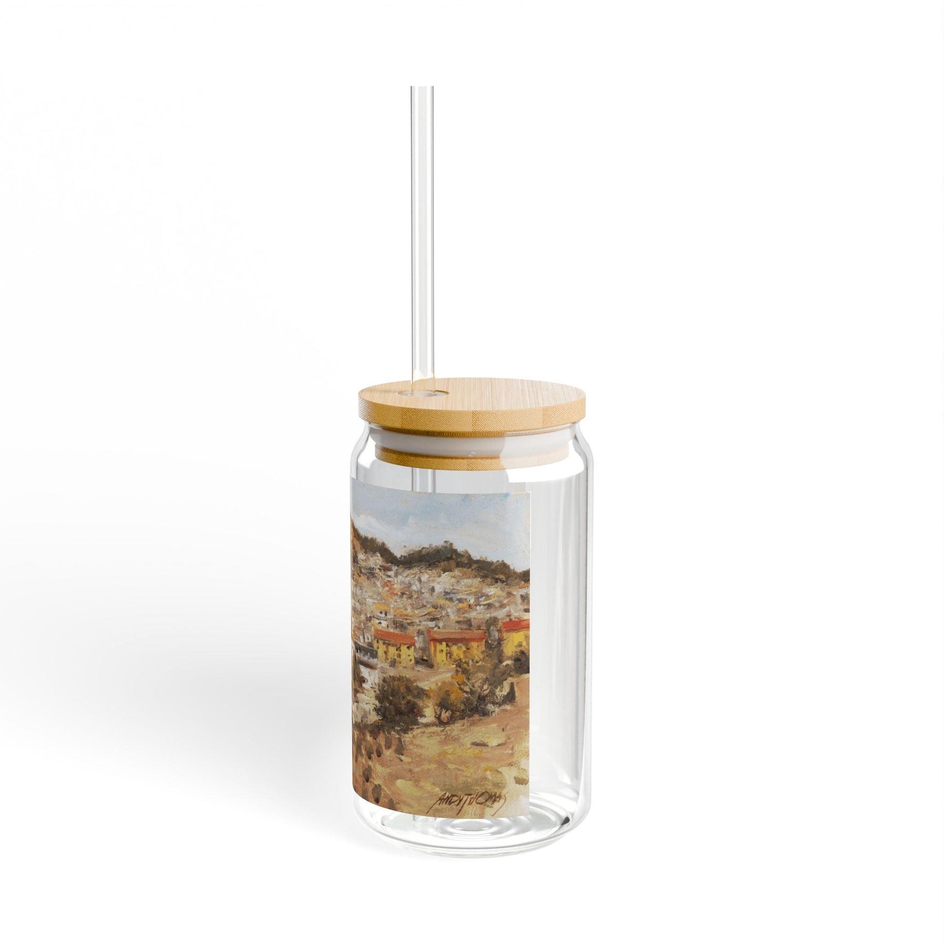 San Nicola dell'Alto | Italian Landscape Sipper Glass, 16oz - Eco-Friendly Drinking with Bamboo Lid - Andy Thomas Designs