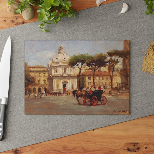 Buggy Ride at Piazza del Popolo - Glass Cutting Board | Italian Landscape - Perfect for Cooking and Décor - Andy Thomas Designs