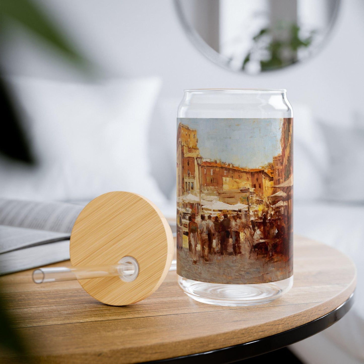 Tuscan Markets in the Middle | Italian Landscape-Themed 16oz Sipper Glass with Bamboo Lid - Andy Thomas Designs