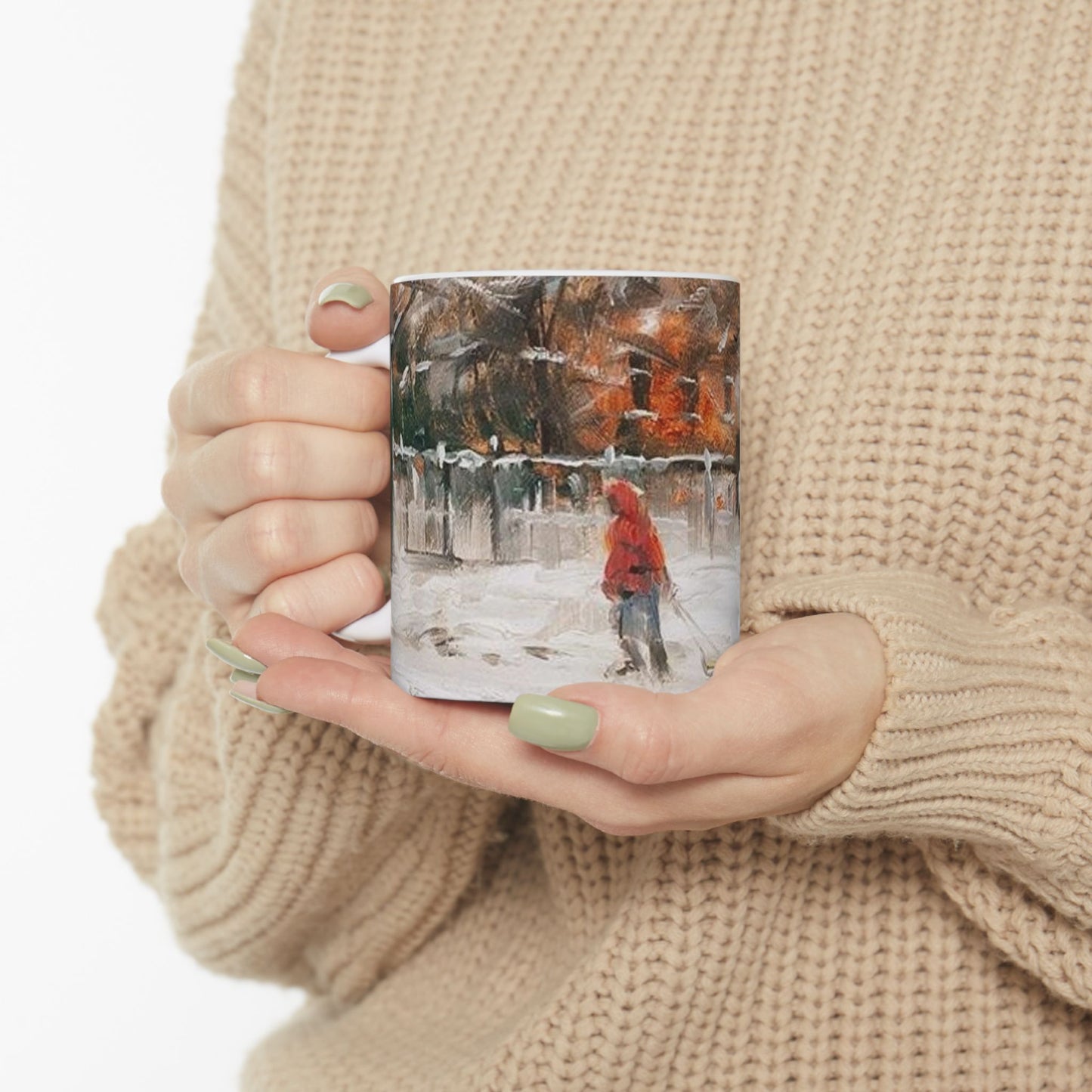 Boy in Snow | Seasonal | Winter | Sledding | Snow | Ceramic Mug — Coffee Cup (11oz/15oz)