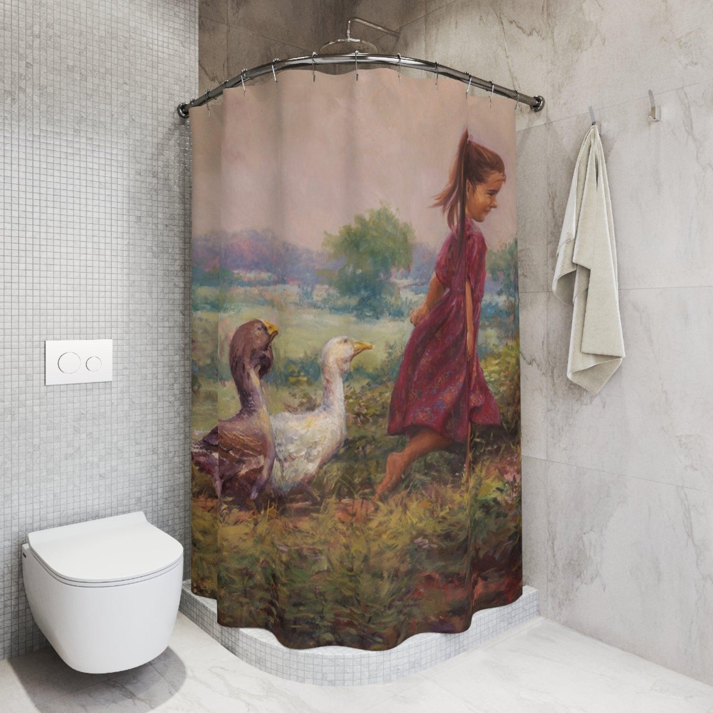 Goose Girl Shower Curtain - Little Girl with animals Design for Bathroom Decor - Andy Thomas Designs