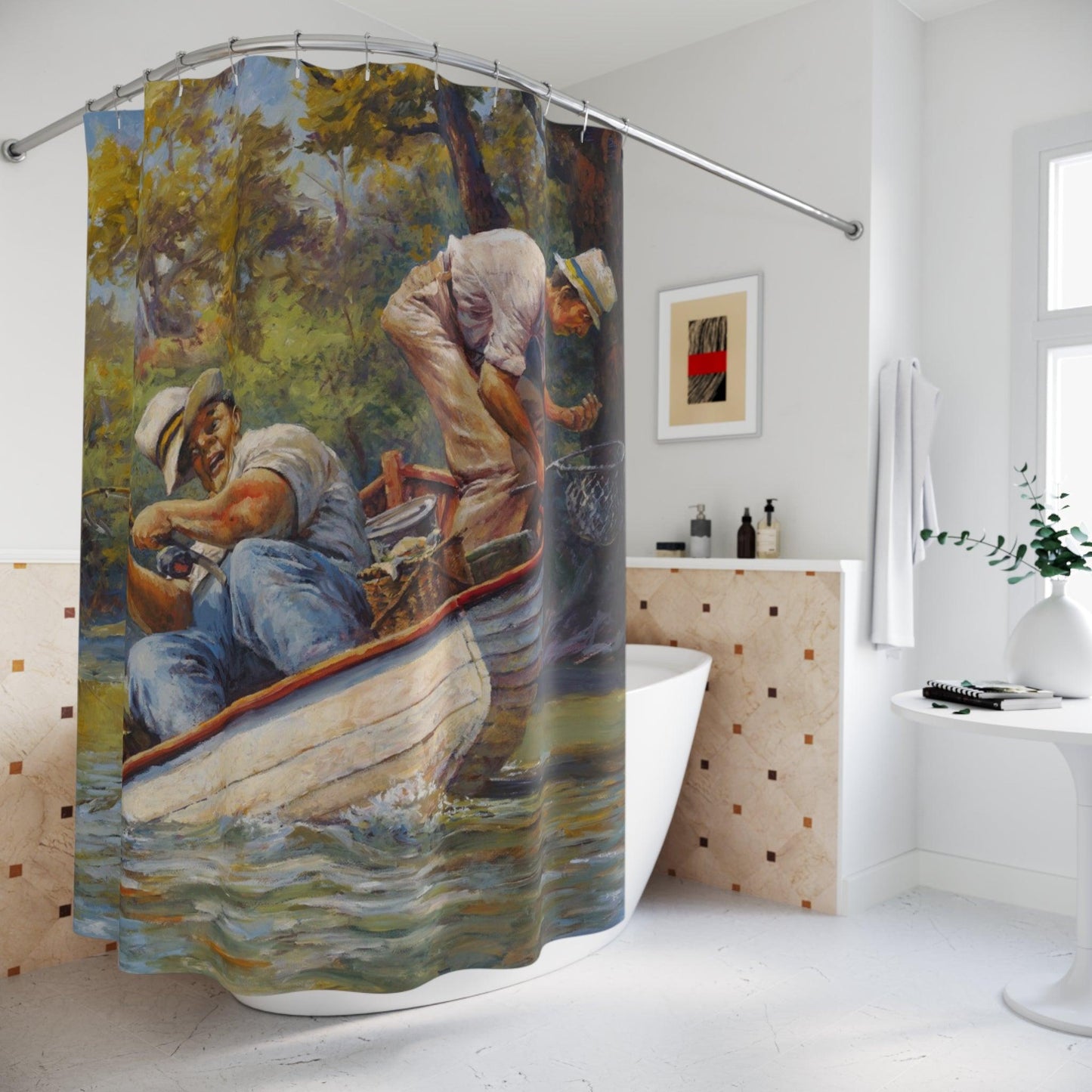 Fishing Shower Curtain - Men on Fishing Boat Design for Bathroom Decor - Andy Thomas Designs