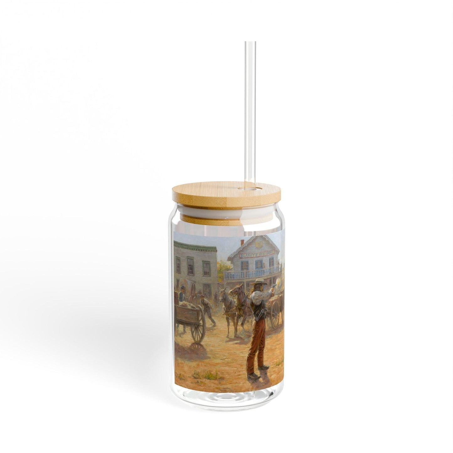 Wild Bill Hickok vs Dave Tutt | Artistic 16oz Sipper Glass with Eco-Friendly Bamboo Lid - Andy Thomas Designs