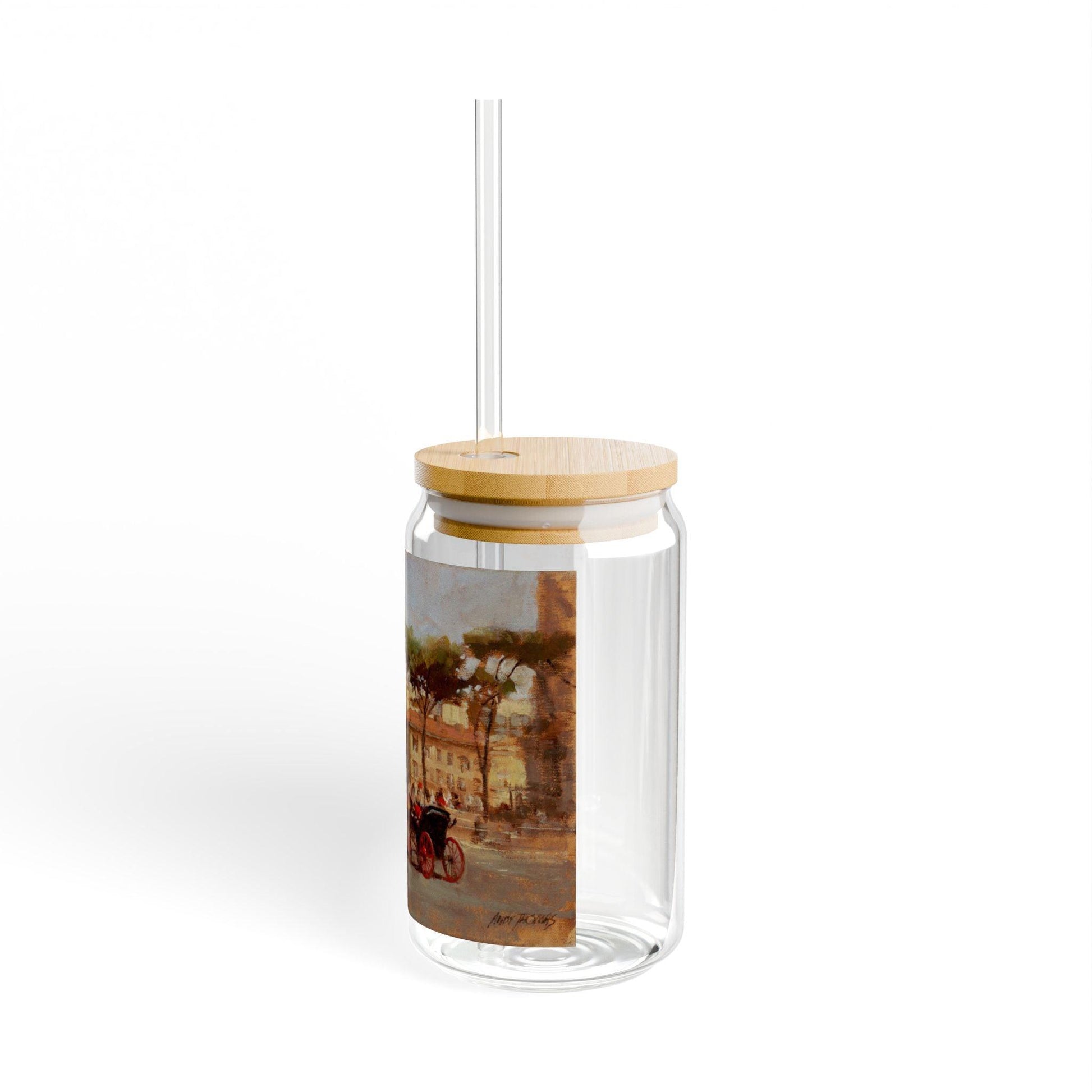 Buggy Ride at Piazza del Popolo | Italian Landscape-Themed 16oz Sipper Glass with Bamboo Lid - Andy Thomas Designs