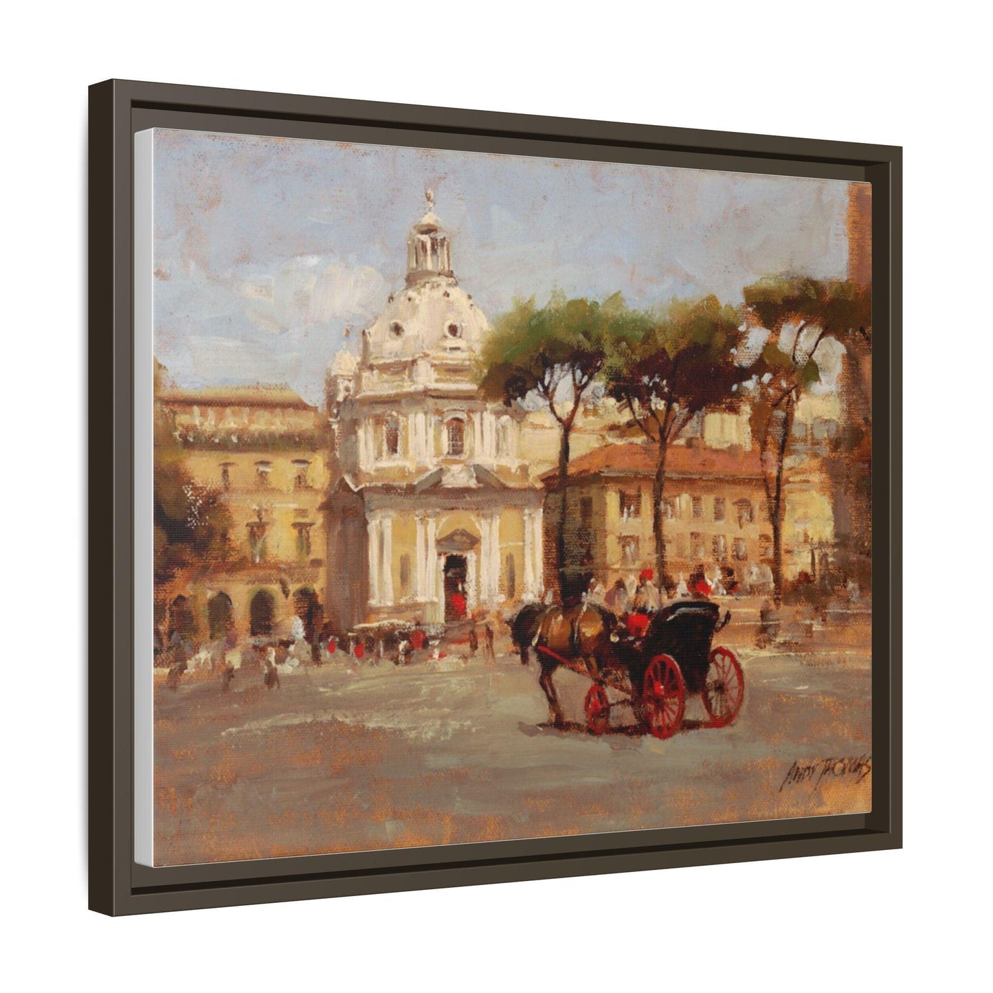 Buggy Ride at Piazza del Popolo - Framed Matte Canvas Art - Historic Italian Landmark Artwork - Andy Thomas Designs